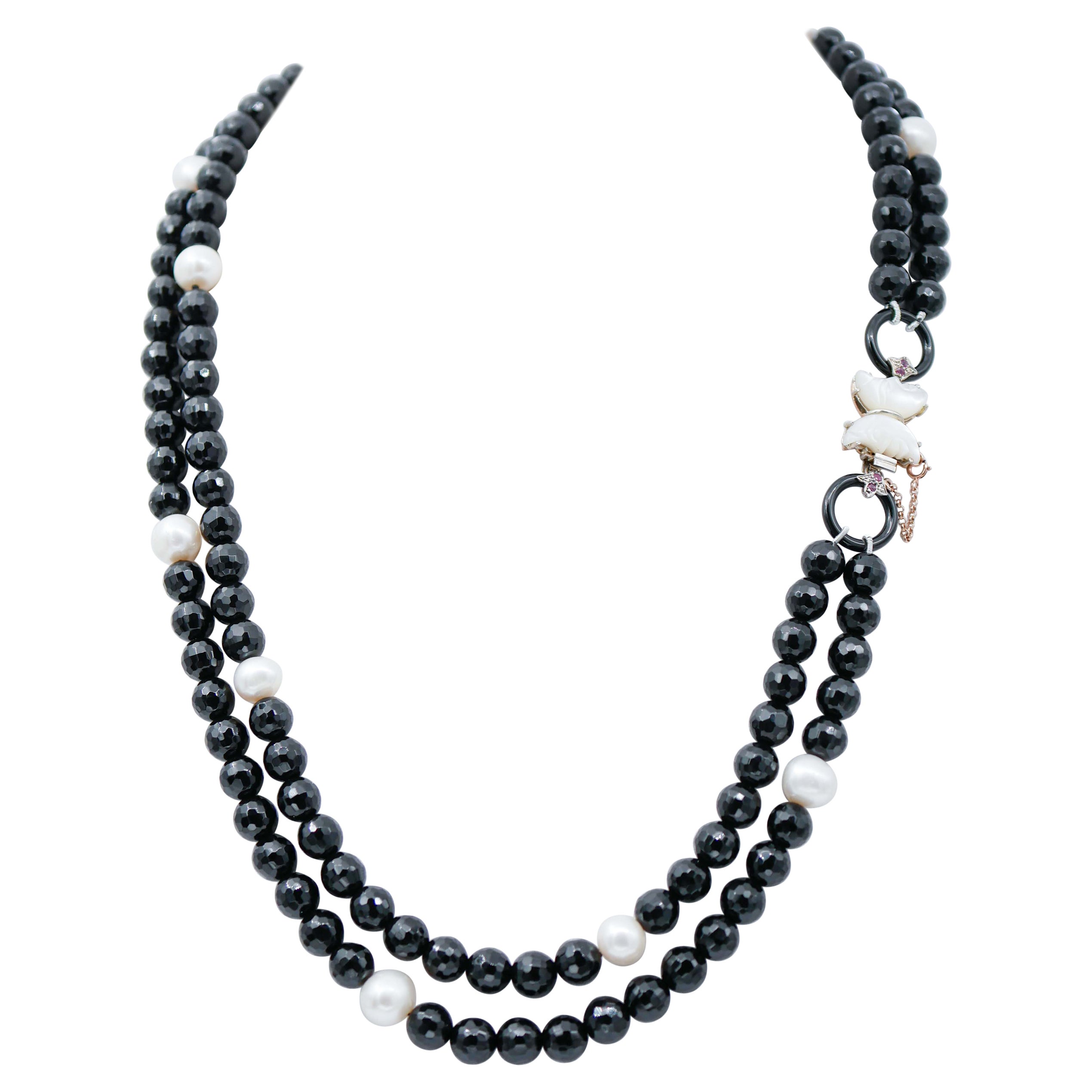 Pearls, Onyx, White Stones, Rubies, Rose Gold and Silver Retrò Necklace For Sale
