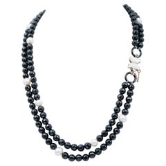 Pearls, Onyx, White Stones, Rubies, Rose Gold and Silver Retrò Necklace