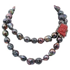 Pearls, Coral, Garnets, Diamonds, Rose Gold and Silver Retrò Necklace