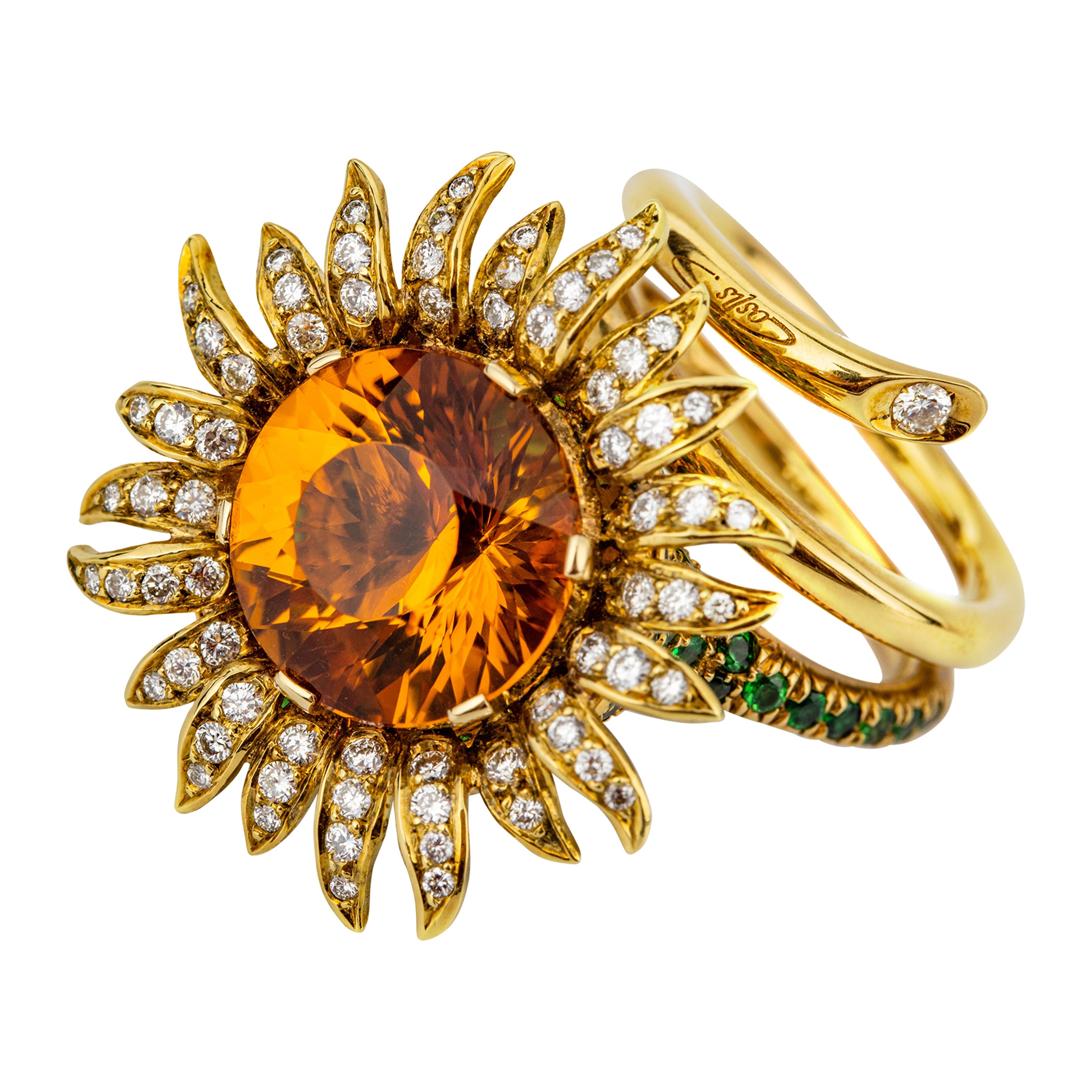 "Costis" Sunflower Ring, 7.98 carats Citrine Madeira, Tsavorites and Diamonds