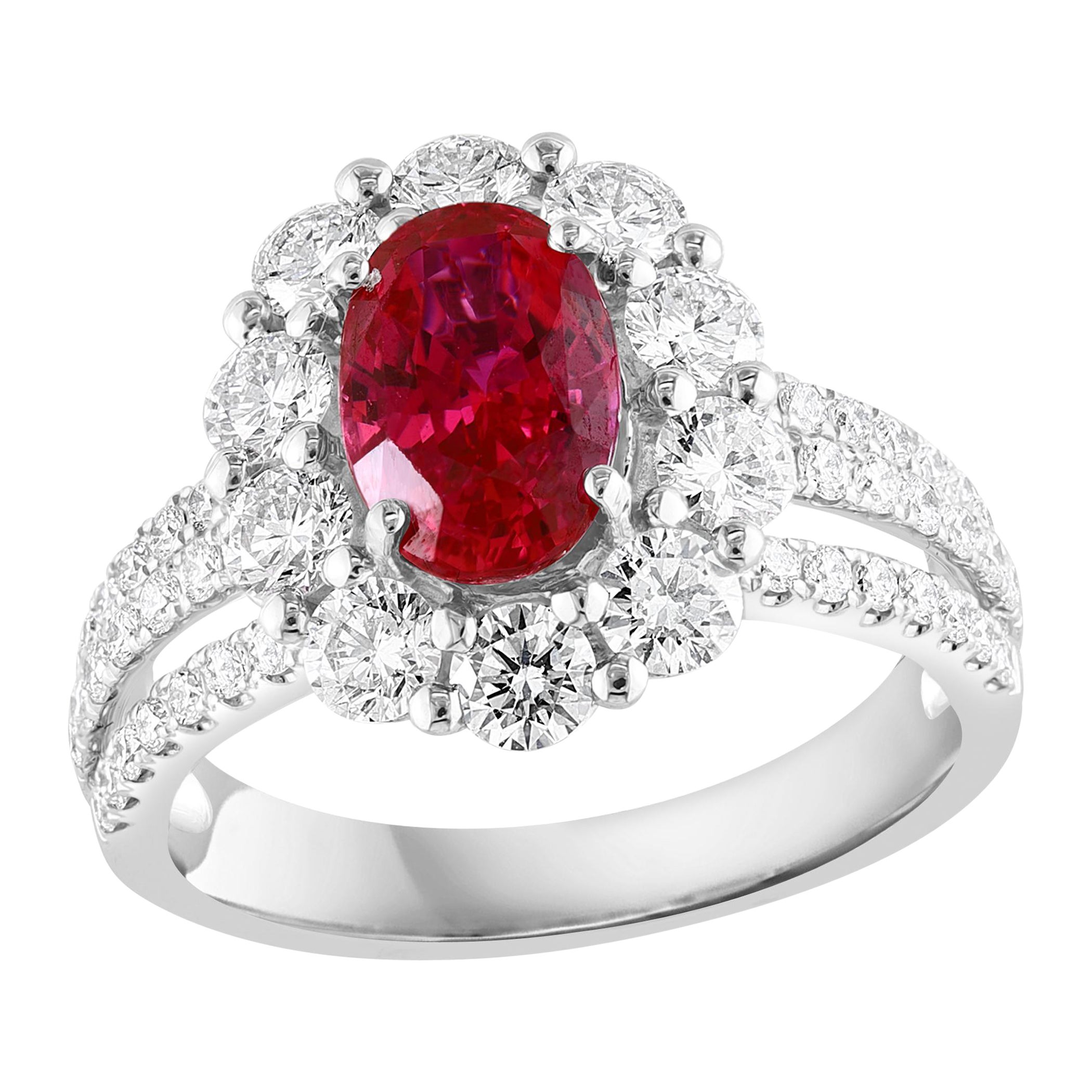 2.05 Carat Oval Cut Natural Ruby and Diamond Engagement Ring in 18K White Gold
