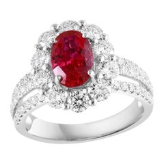 2.05 Carat Oval Cut Natural Ruby and Diamond Engagement Ring in 18K White Gold