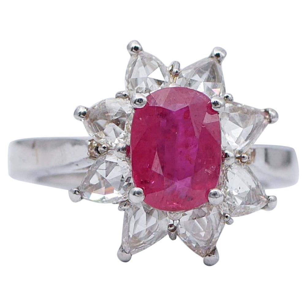 Ruby, Diamonds, Platinum Retrò Ring. For Sale