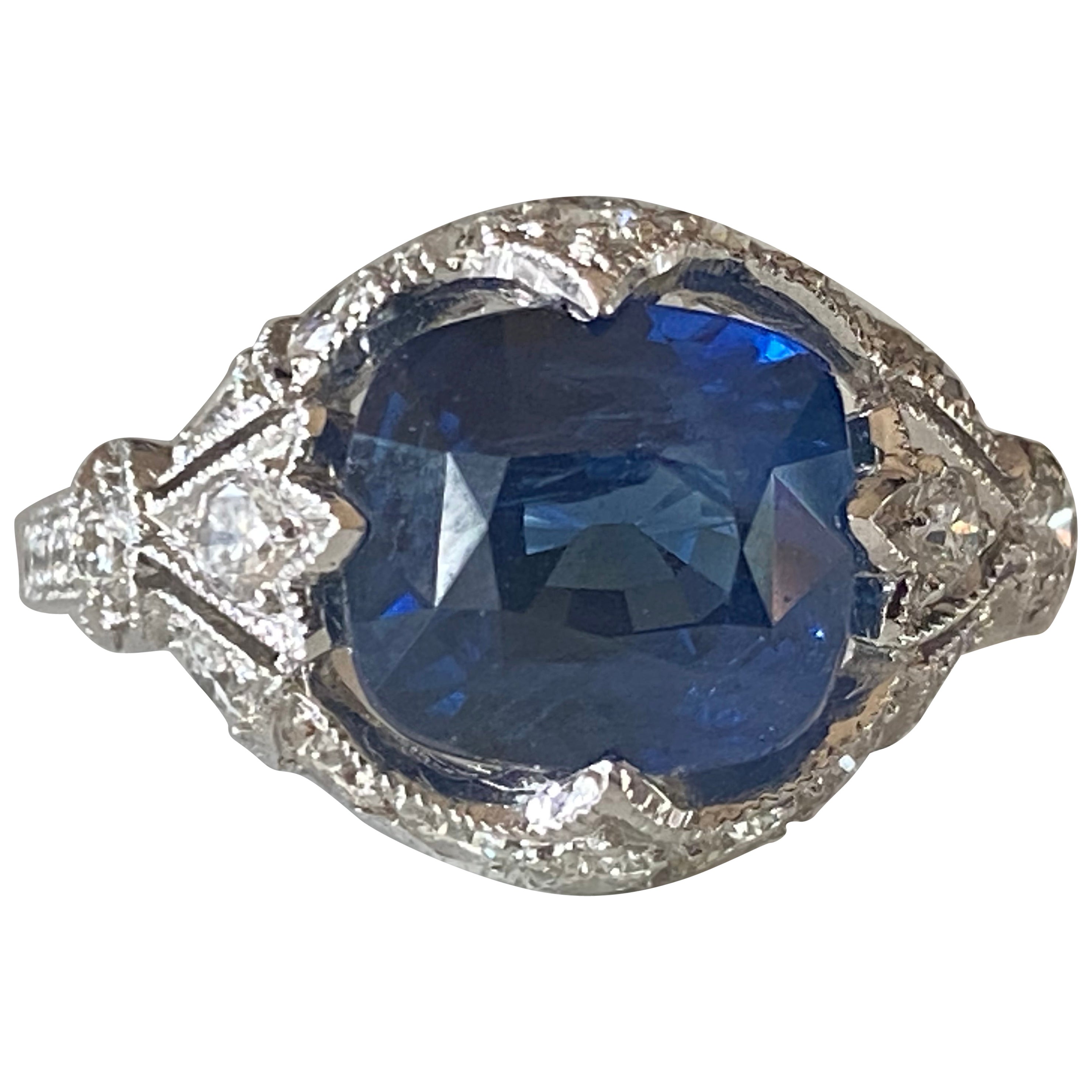 Estate GIA Certified Natural Sri Lankan Sapphire and Diamond Ring