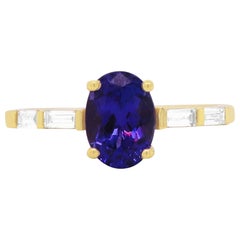 Oval Tanzanite Baguette White Diamond Fashion Band Ring 14K Yellow Gold
