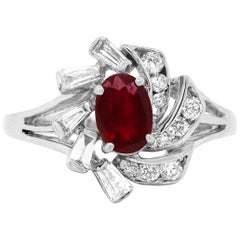 0.57 Carat Oval Ruby Round and Fancy Baguette Diamond Design Ring 14K White Gold