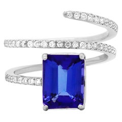 2.41 Ct Emerald Cut Tanzanite Brilliant White Round Diamond Ring 14K White Gold