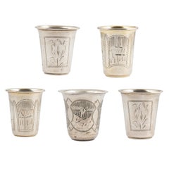 Antique Five Ukrainian Imperial-era Silver Vodka Cups, late 19th to early 20th century