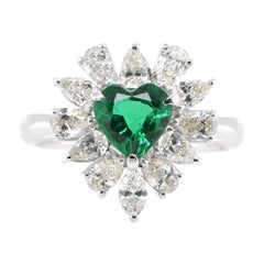 0.88 Carat Natural, Heart Cut Emerald and Diamond Ring Set in Platinum