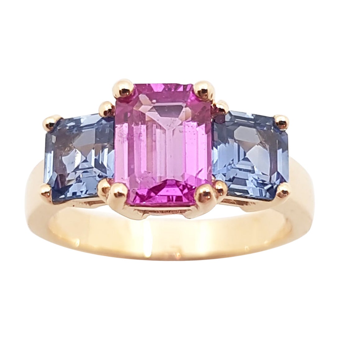 Pink Sapphire with Blue Sapphire Ring Set in 18K Rose Gold Settings For Sale