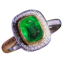 Antique 18K Gold Natural Emerald and Diamond Art Deco Style Engagement Ring