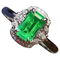 Antique 2 Carat Untreated Colombian Elongated Emerald Diamond Engagement Ring