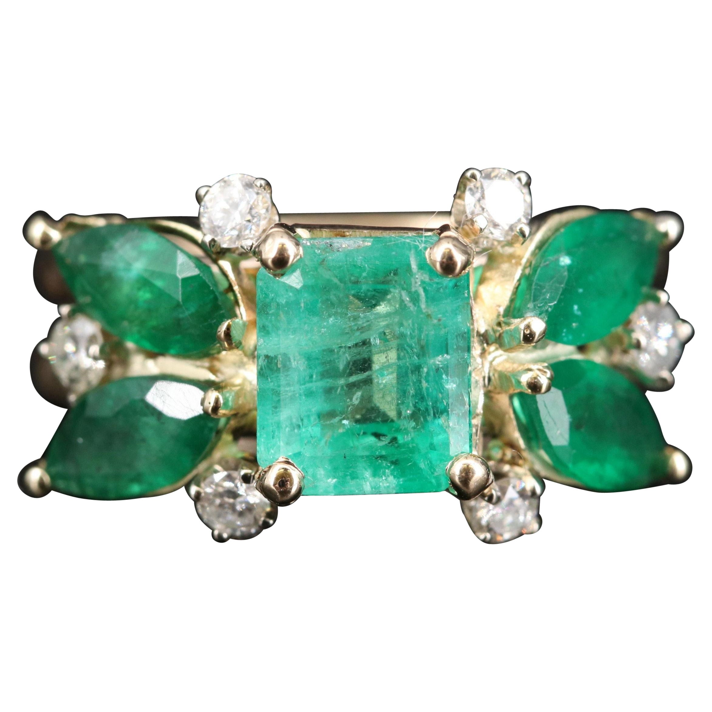 Edwardian Marquise Diamond Engagement Ring with Calibre Emerald Border ...