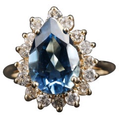 Certified 3 Carat Natural Pear Cut Aquamarine Diamond Art Deco Cocktail Ring 
