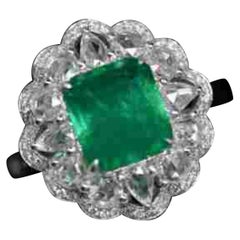 Antique Natural Emerald Engagement Ring, 18K White Gold Halo Wedding Ring