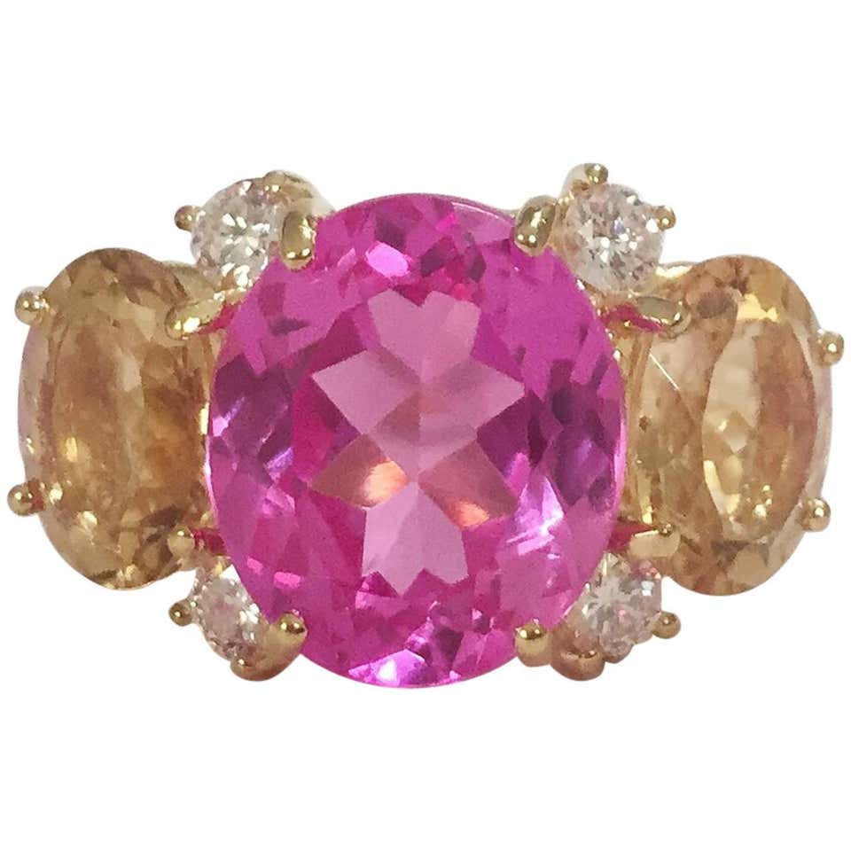 Rock Crystal and Hot Pink Topaz Yellow Gold Three-Stone Cushion Ring ...