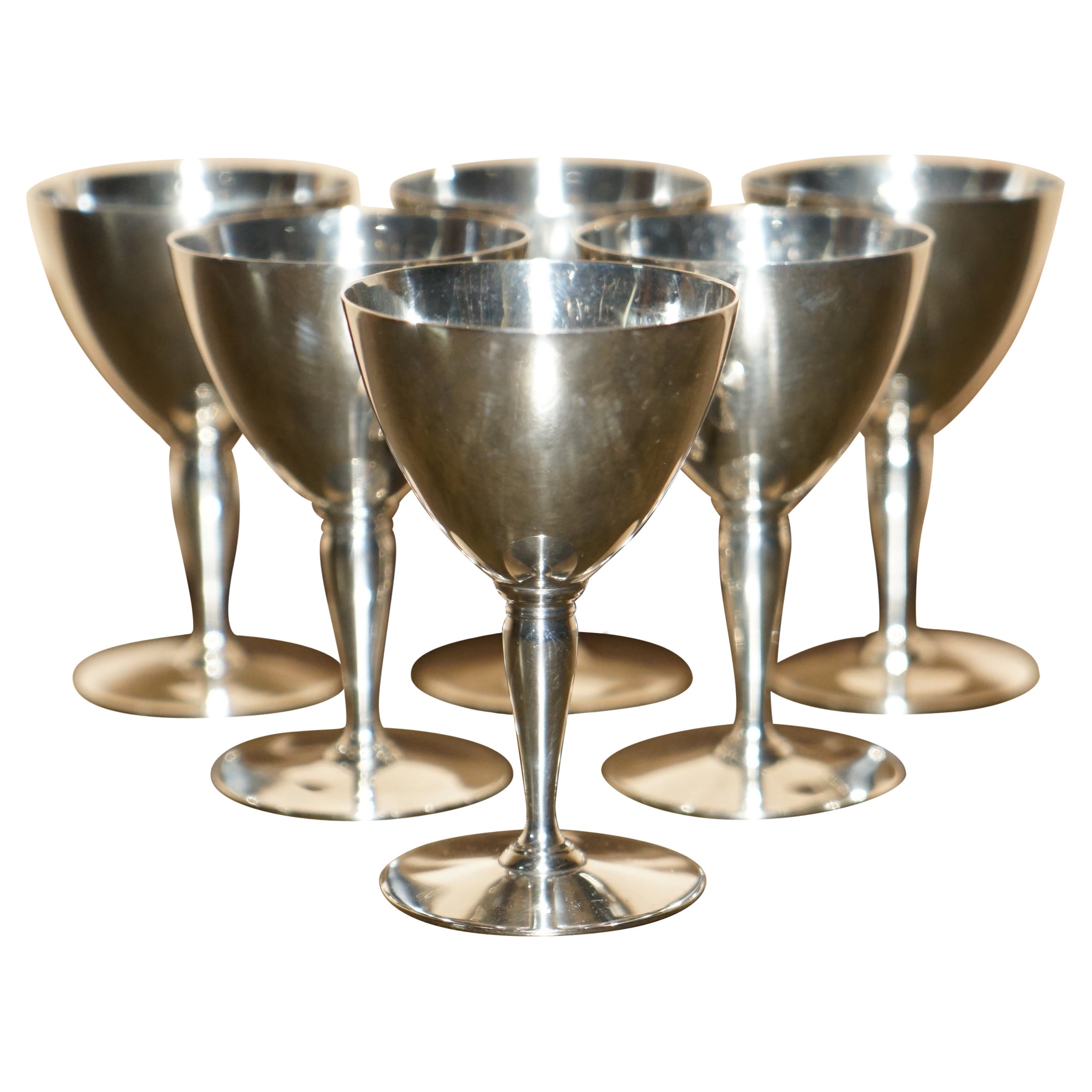 SIX SOLID STERLING SILVER TIFFANY & CO MADE ASPREY LONDON RETAILED WINE GOBLETs For Sale