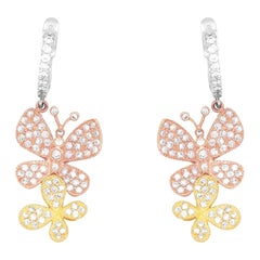 Double Butterfly Diamond Dangle Huggie Fashion Earrings 14K Tri Color Gold