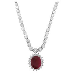5.96 Carat Oval Shaped Ruby White Diamond Pendant Necklace 14 Karat White Gold