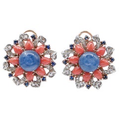 Vintage Kyanite, Corals, Sapphires, Diamonds, Rose Gold and Silver Earrings