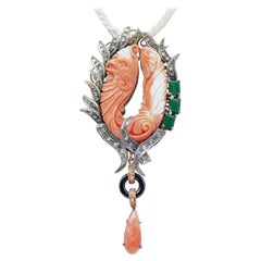 Coral, Emeralds, Diamonds, Onyx, 14 Karat Rose Gold and Silver Pendant