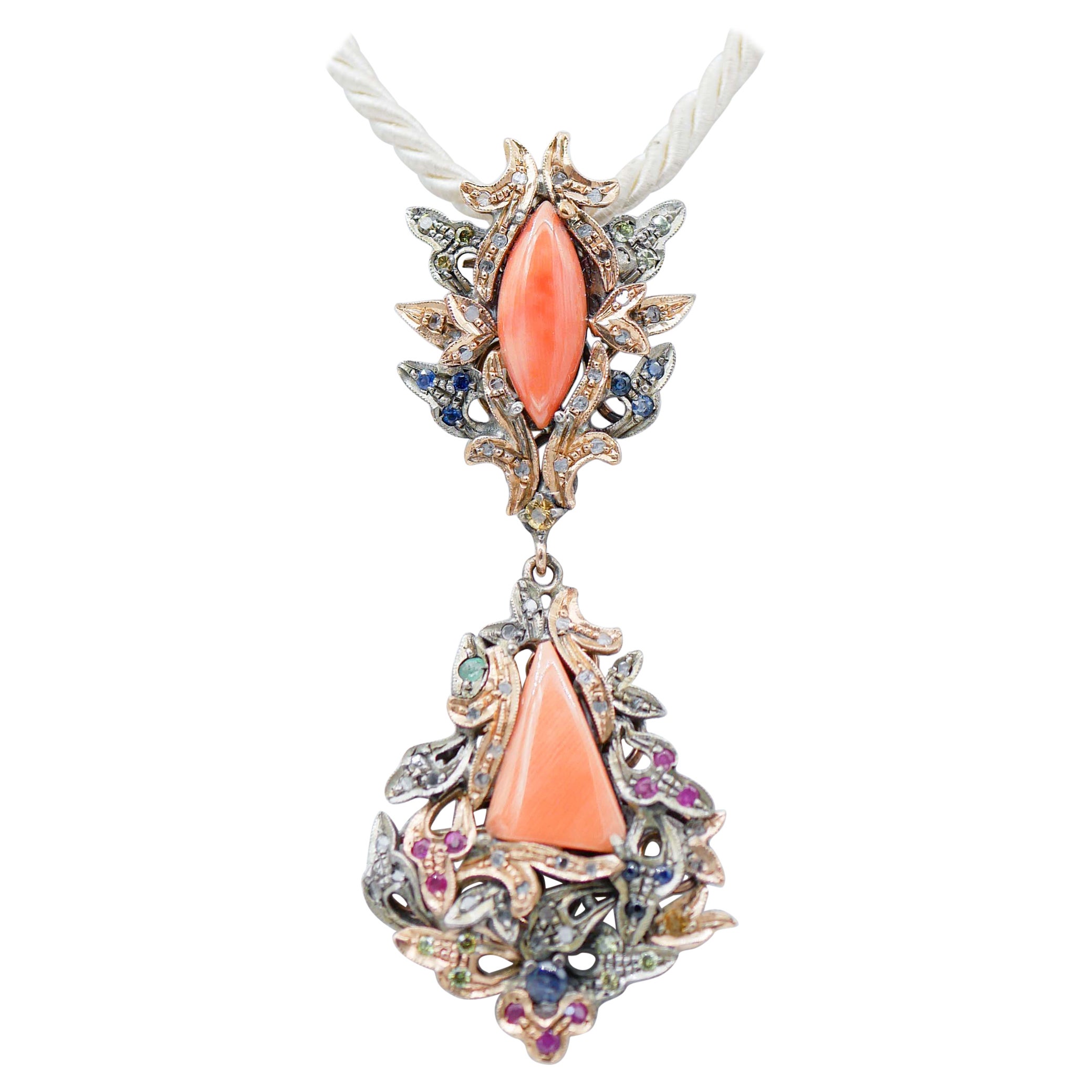 Coral, Emeralds, Diamonds, Rubies, Sapphires, Rose Gold and Silver Retrò Pendant For Sale