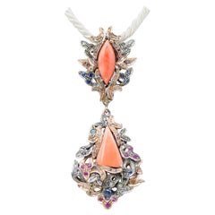 Coral, Emeralds, Diamonds, Rubies, Sapphires, Rose Gold and Silver Retrò Pendant