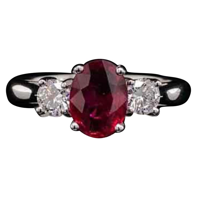 Customizable 3 Stone Red Ruby Diamond Engagement Ring for Her For Sale