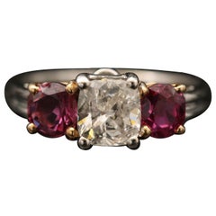 Antique 3-stone Cushion Cut Diamonds Ruby Engagement Ring
