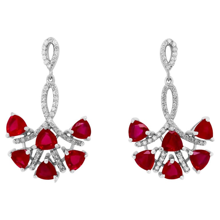 Trillion Ruby Drop Dangle Fashion Earrings Round Diamonds 14K White
