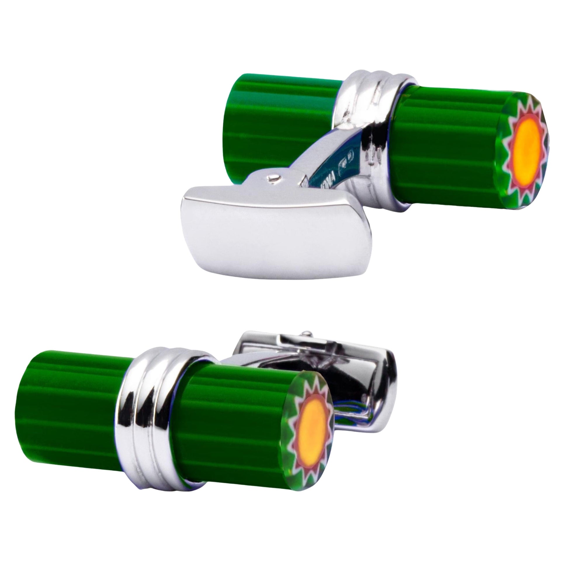 Alex Jona Green Murrina Glass Bar Sterling Silver Cufflinks For Sale