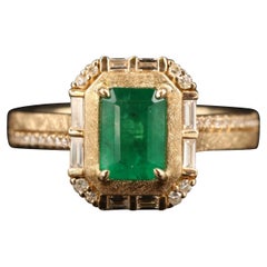 Antique Natural Emerald and Diamond Art Deco Style Engagement Ring in 18K Gold