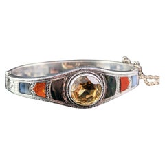 Antique Scottish Agate and Citrine Bangle, Sterling Silver
