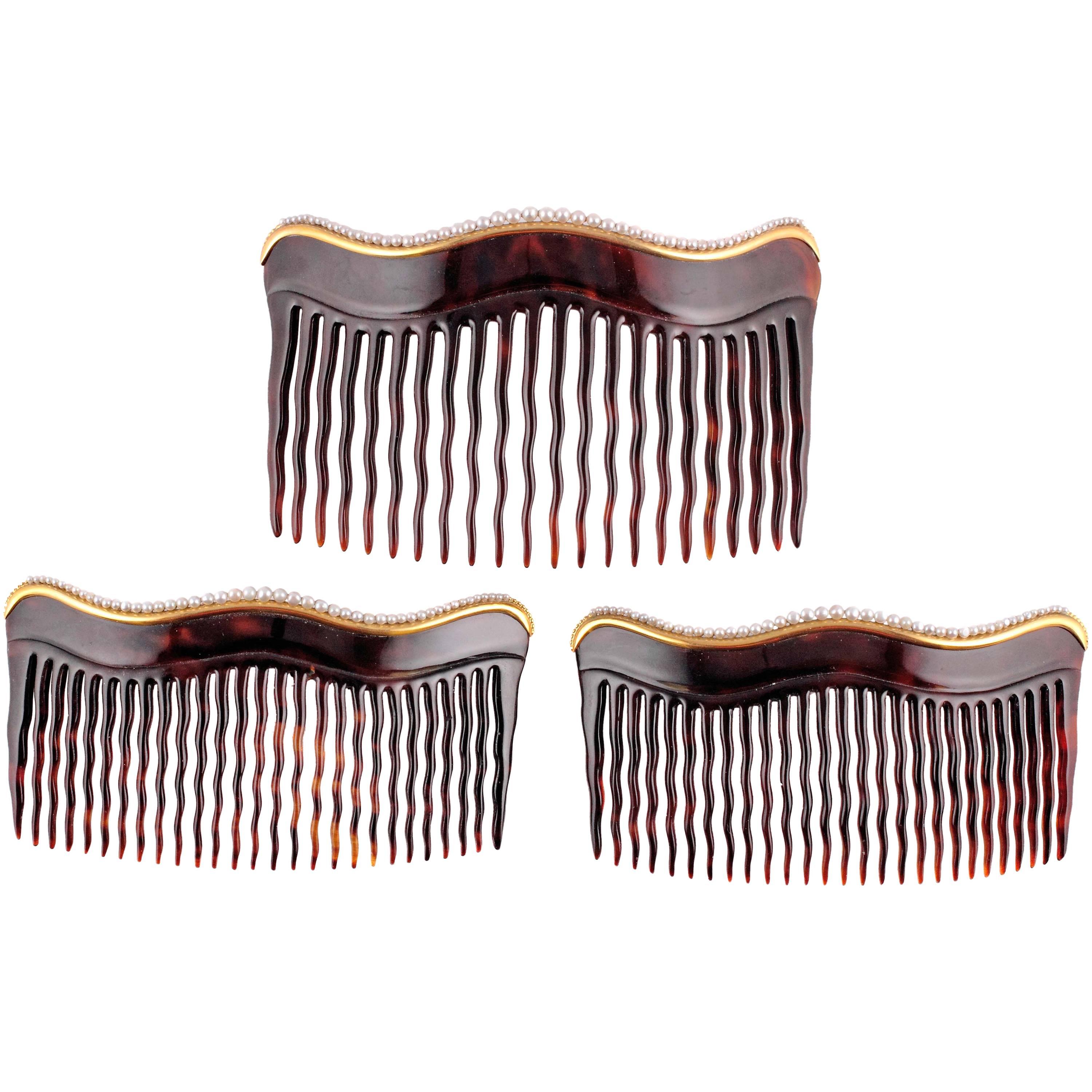 Trio of Edwardian Natural Pearl Tortoiseshell Gold Combs