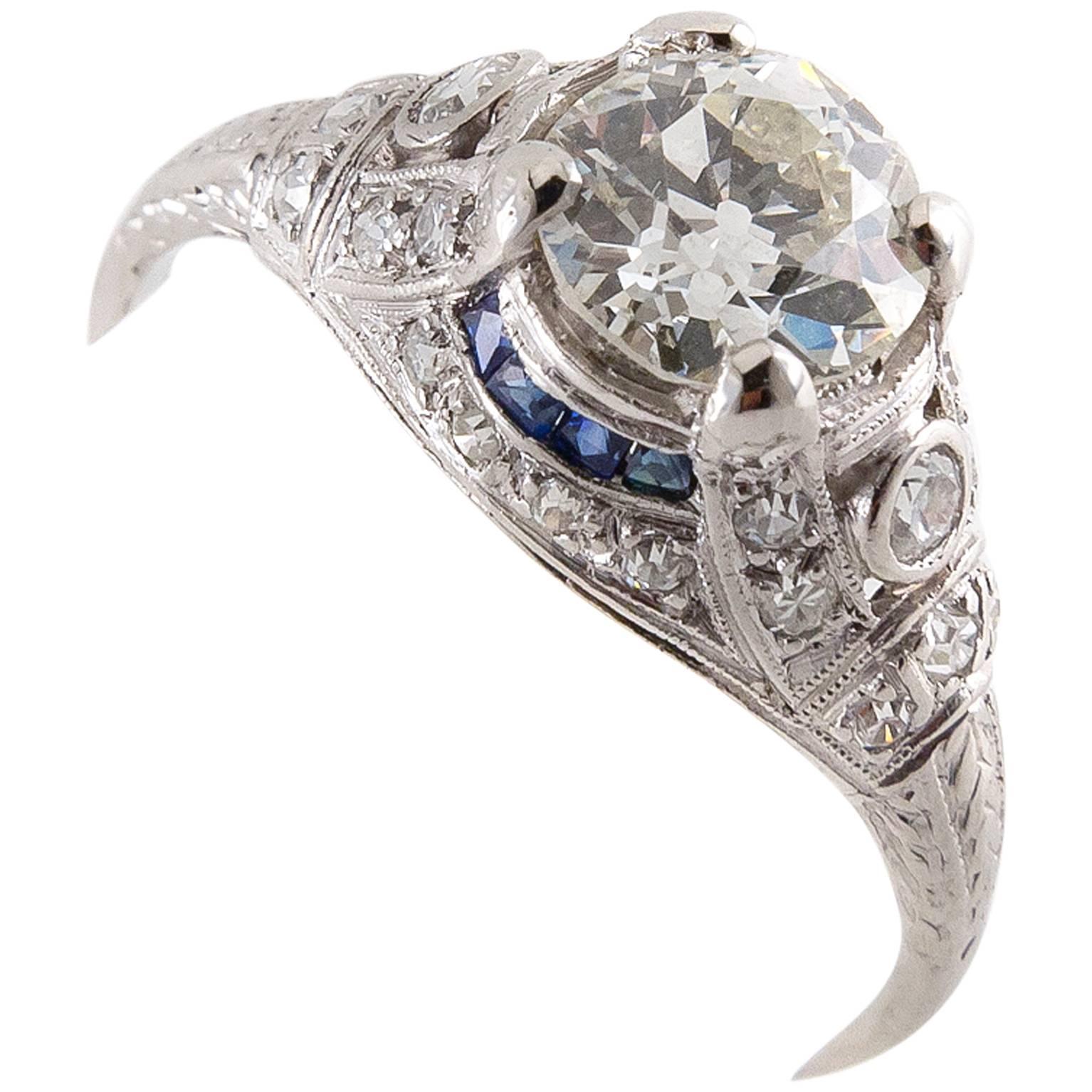 1930s Dazzling Art Deco Sapphire Diamond Platinum Ring 