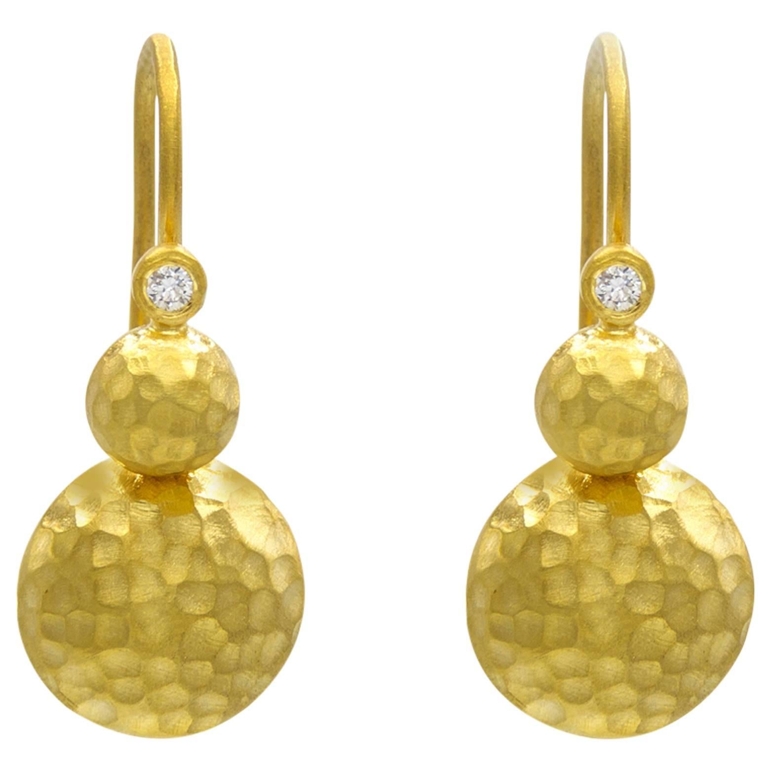 Diamond Hammered Gold Lentil Shaped Drop Earrings