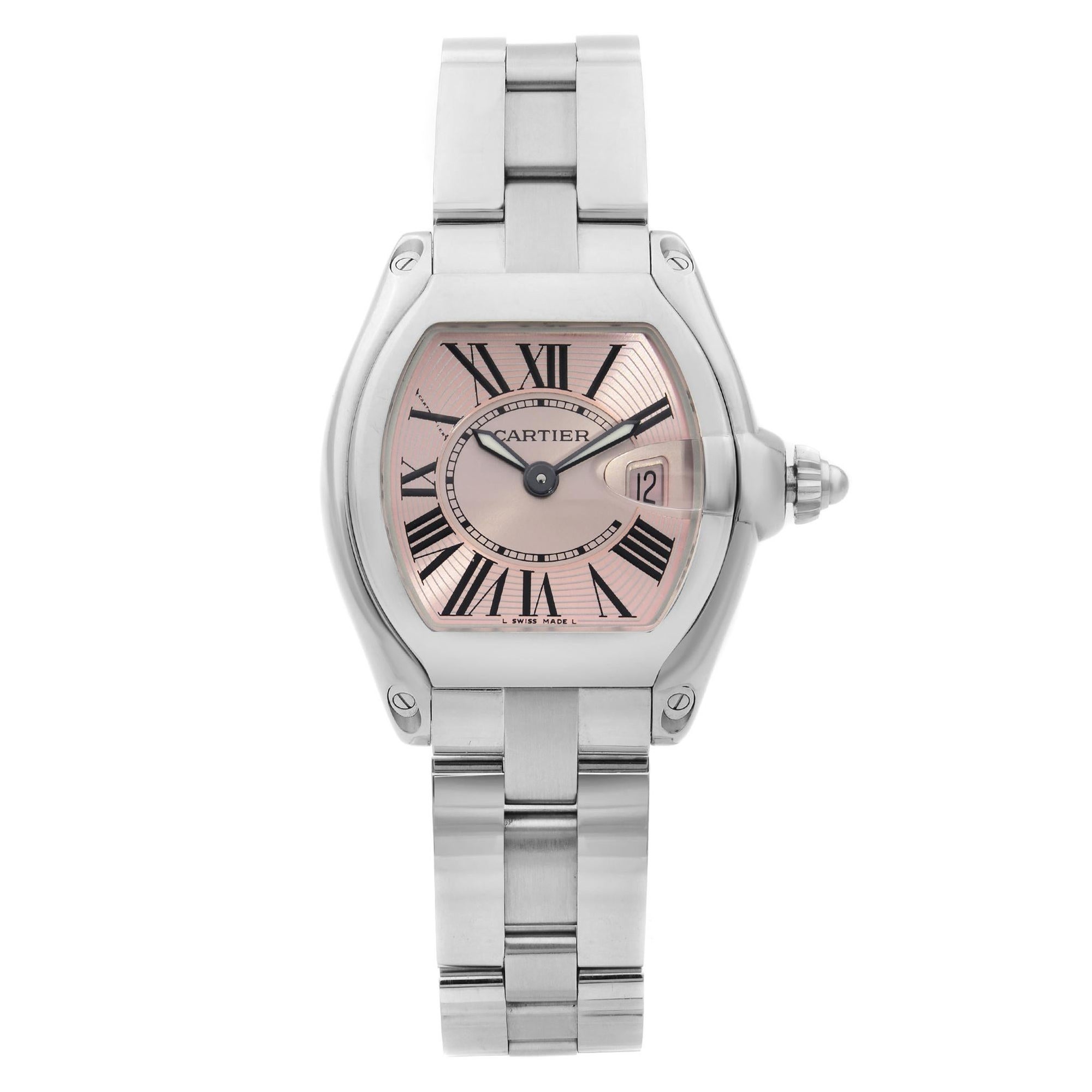 Cartier Roadster Stainless Steel Pink Dial Ladies Quartz Watch W62017V3 For Sale