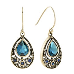 Vintage Style London Blue Topaz Sapphire Diamond Dangle Earrings in Yellow Gold