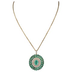 Halo Oval Cut Emerald Diamonds Pendant Necklace, Natural Emerald