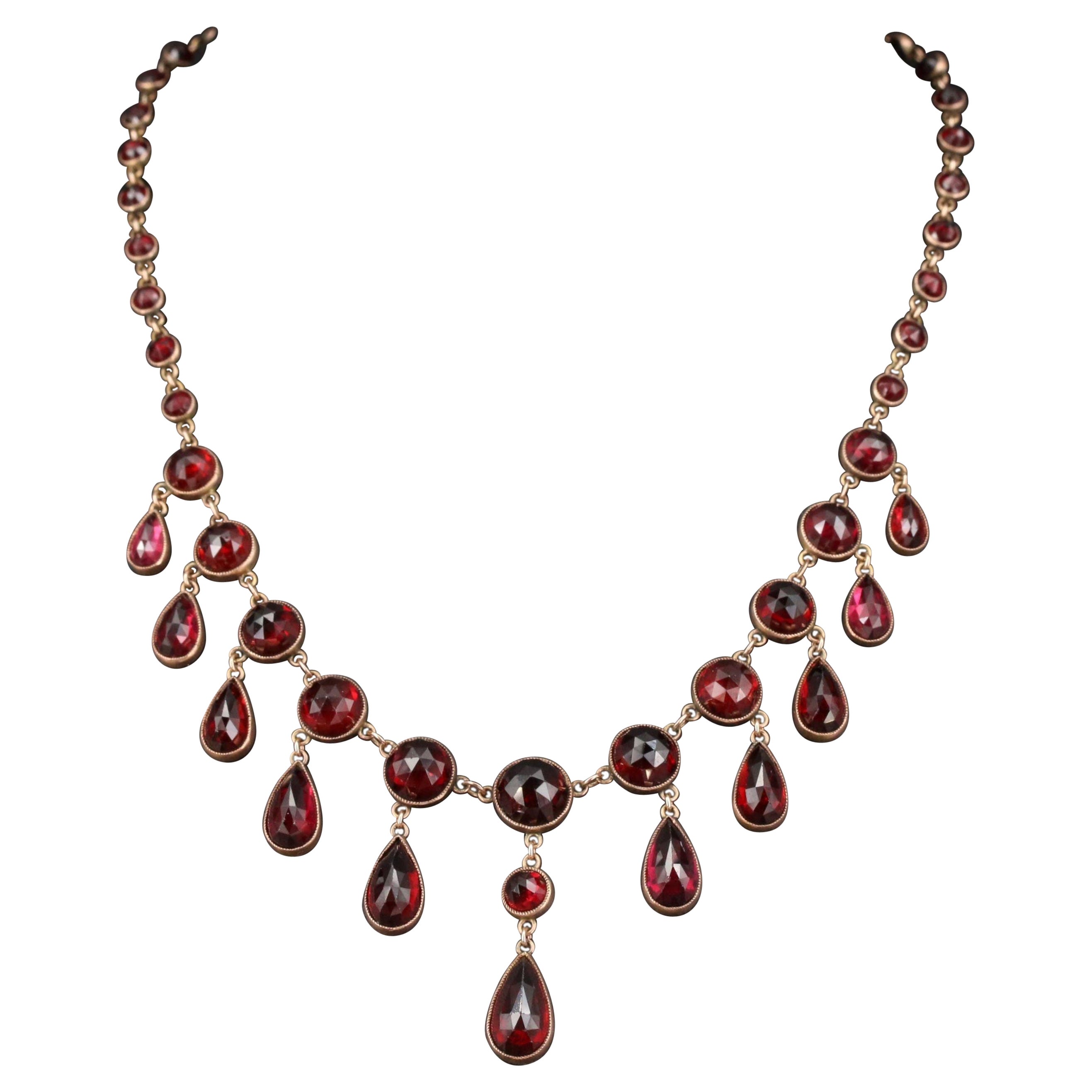 Unique Pear & Round Cut Ruby Gold Necklace, 18K Rose Gold For Sale