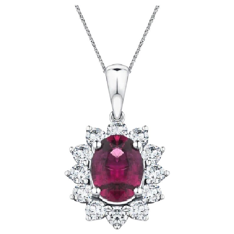 Ruby 1.29 Ct Cluster Pendant 18 Kt White Gold Round Brilliant 0.60 Carat Diamond For Sale