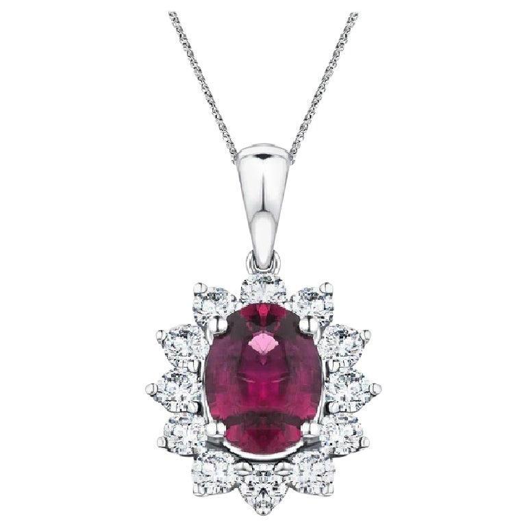 Ruby 1.29 Ct Cluster Pendant 18 Kt White Gold Round Brilliant 0.60 Carat Diamond