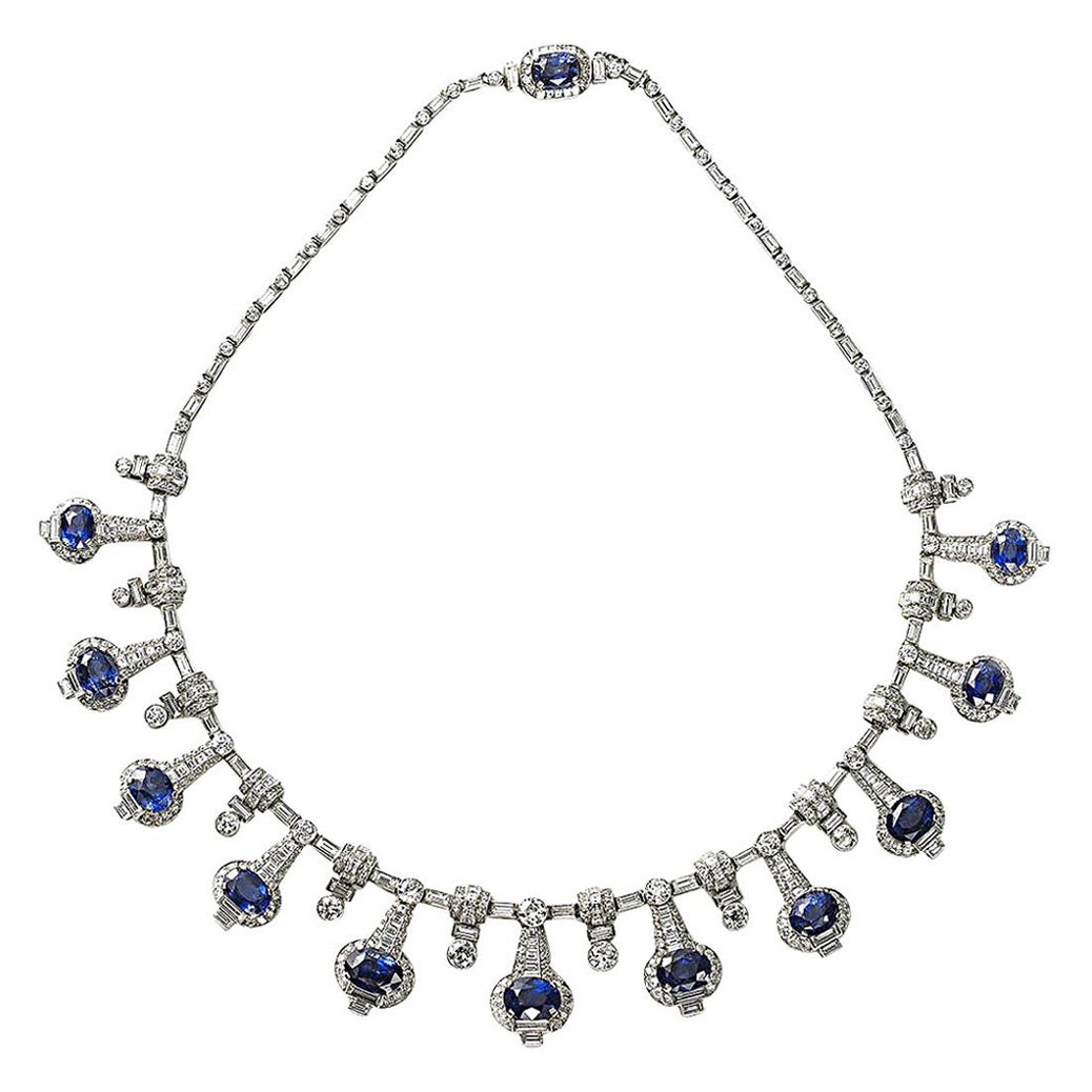 Sapphire, Diamond and Platinum Fringe Necklace For Sale