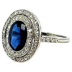 Vintage French Engagement Oval Cluster Ring Blue Sapphire 2.5C Platinum Diamonds