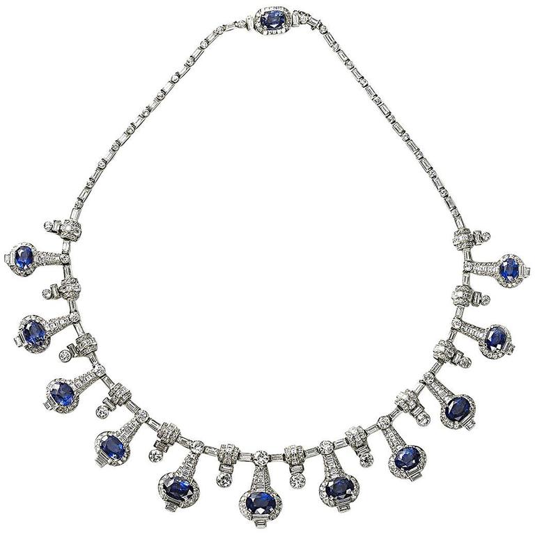 Fine Sapphire Diamond Platinum Necklace For Sale