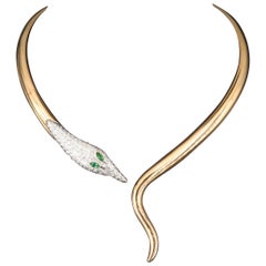 Snake Pear Shaped Emerald Diamonds Torque Necklace Minimalist 18K Yellow Gold