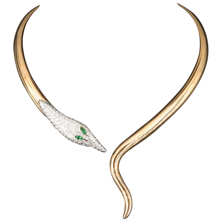Snake Pear Shaped Emerald Diamonds Torque Necklace Minimalist 18K ...