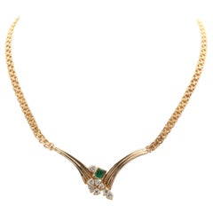 Unique Emerald Diamonds Gold Necklace, Modern 18K Yellow Gold
