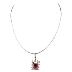 Halo Emerald Cut Ruby Diamonds Pendant Necklace, Natural Ruby