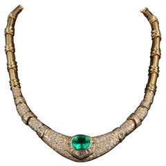 Antique Oval Cut Emerald Diamonds Chevron Gold Necklace, 18K Gold